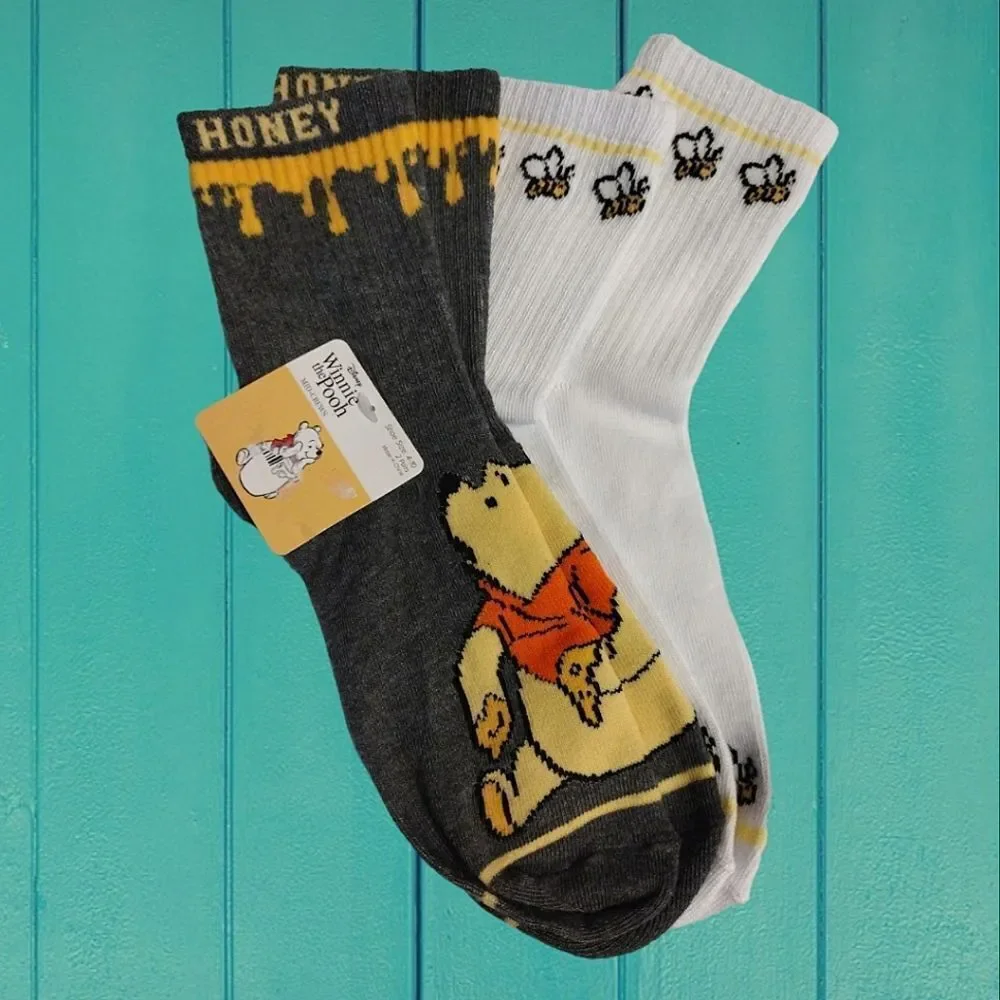 Disney Winnie The Pooh 2 Pack Grey and White Mid‎ Crew Socks NWT